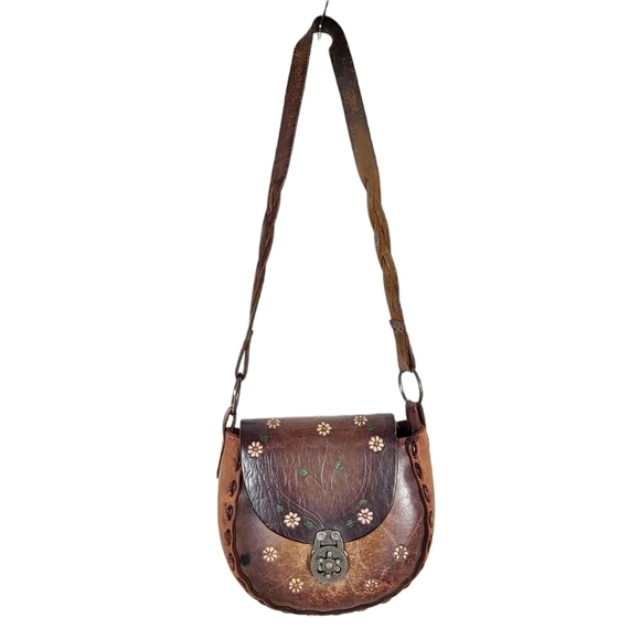 Vintage 1970s Tooled Leather Shoulder Bag Boho floral - Picture 1 of 9